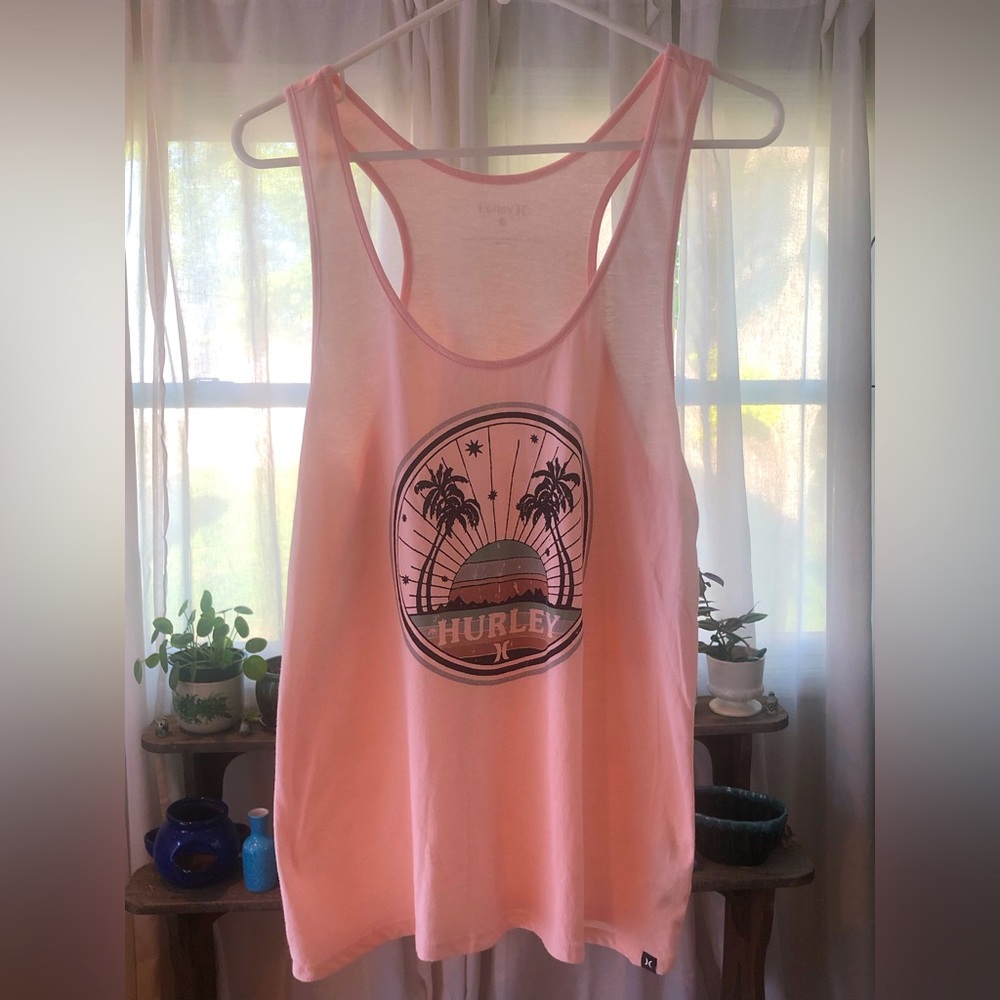 Womens Hurley pink racer back tank top, new with tag. Sunset and palm trees